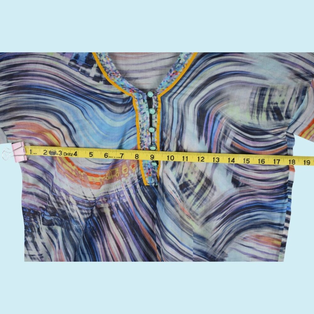 Eres Printed Mini Dress Women's Size Medium Blue Shift 3/4 Sleeve V-neck Tunic - Picture 6 of 10
